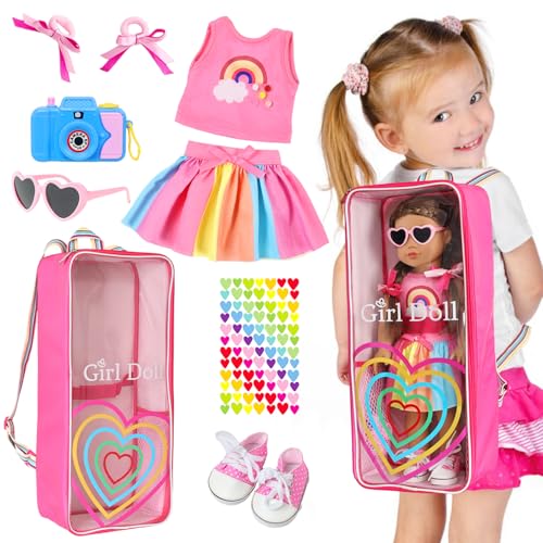 18' Girl Doll Carrier Backpack Rainbow Heart Style Playset, 9-Piece Accessory Collection with Bag, Hair Bows, Sunglasses, Pink Top, Tutu Skirt Accessories for Dolls Girls Gifts for 3-10 Years Old