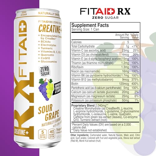 Image of FITAID RX Zero Sugar Encapsulated Creatine Workout Recovery Drink All-In-One Blend BCAA Glucosamine Turmeric B-Complex Electrolytes Variety Pack 12 Fl Oz (Pack of 24) - Packaging May Vary