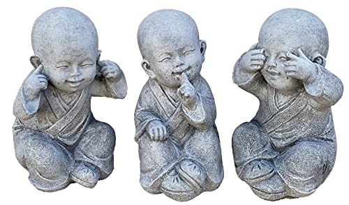 Stone and Style Statuettes en pierre, 3 grands moines Bouddha Shaolin, hauteur : 26 cm, ne rien voir, entendre ni dire