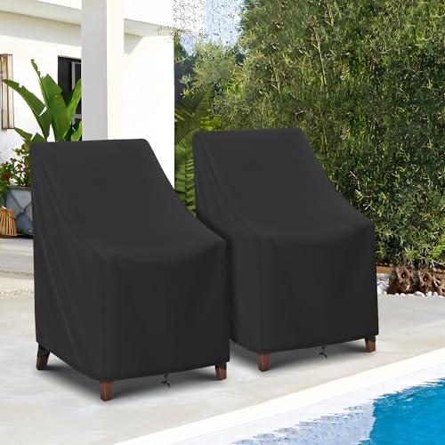 SunPatio Outdoor High Back Chair Covers Waterproof, 2 Pack Stackable Patio Chair Covers with Windproof Straps, Outdoor Patio Furniture Covers All Weather Protection, 27"W x 30"D x 42"H, Black