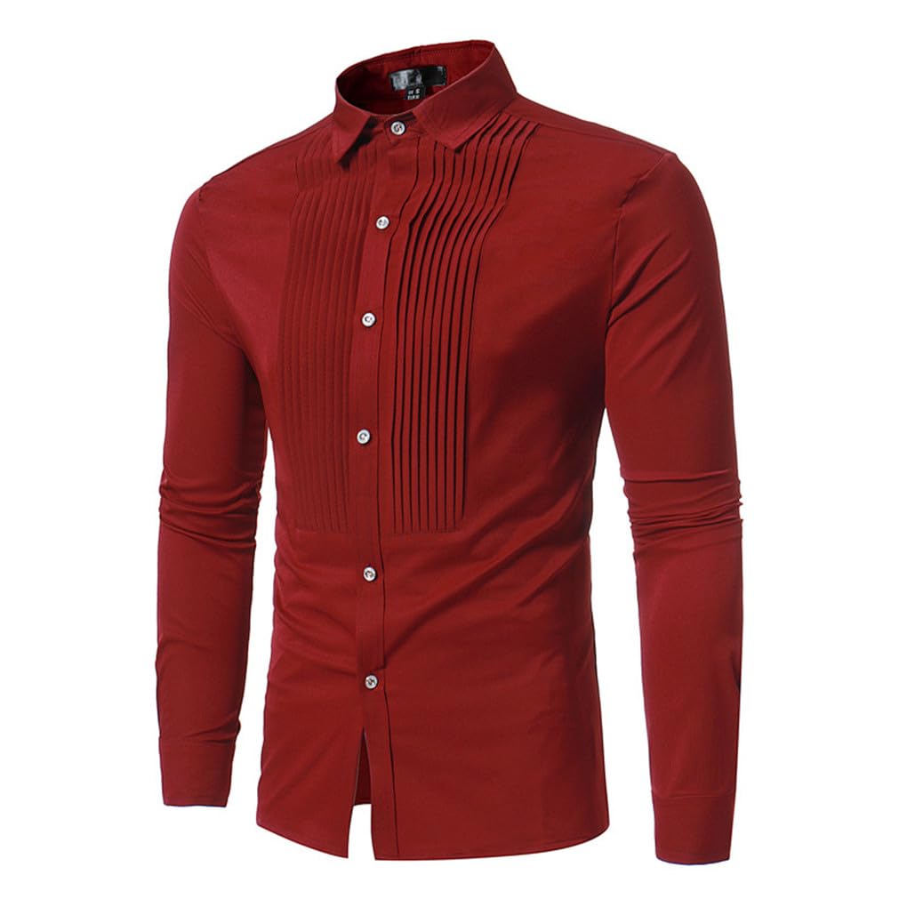 Camicie Eleganti da Uomo, Blazer A Maniche Lunghe Slim Solidi, Camicie da Smoking da Matrimonio Wine Red XL