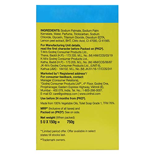 Image of Cinthol Bathing Bar, Lime, 150g (Pack of 5)