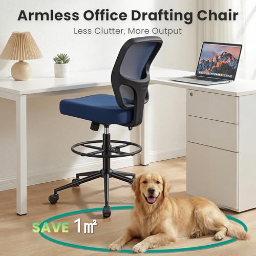 Image of Armless Drafting Chair Tall Office Chair for Standing Desk - Adjustable Height Mesh Ergonomic Drafting Stool with Foot Ring & Wheels, Rolling Counter Height Computer Chair for Home Office