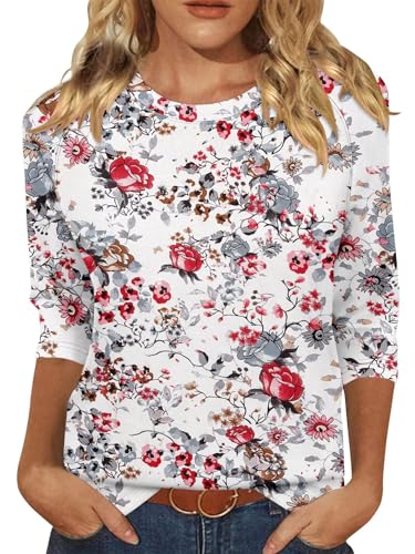 KISSMODA Tunic Tops for Women Loose Fit Dressy Round Neck Pleated 3/4 Length Sleeve Spring Tops
