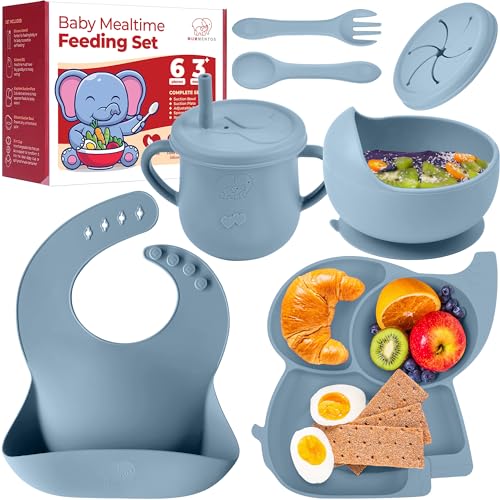 Image of Mummentos Silicone Baby Feeding Set, 8 Pcs Premium Toddler Utensils, Baby Feeding Supplies, Complete Baby Led Weaning Utensils -Plate, Bowl, Baby Bibs, Cups, Baby Spoon and Baby Forks for Self Feeding