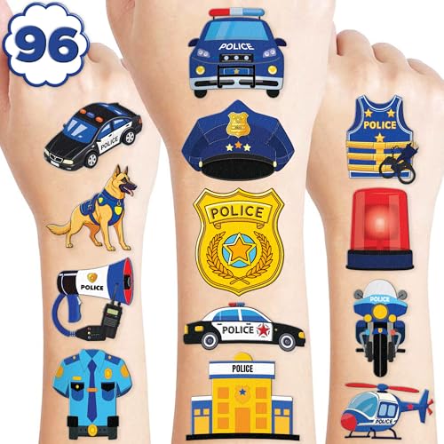 Image of 96 PCS Police Pre-Cut Temporary Tattoos for Kids Birthday Party Favors | Police Car Officer Policeman Theme Party Supplies, Decorations, Fake Tattoo Stickers, School Rewards & Gifts Boys & Girls