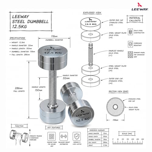 Image of Leeway Steel Dumbbell Set 12.5 Kg x 2 | Chrome Dumbbells for Home Gym | Rust-Resistant Non-Slip Grip | Strength Training Metal Dumbbell Set | Iron Dumbell | Round Dumble | (12.5kg X 2 = 25kg Chrome)
