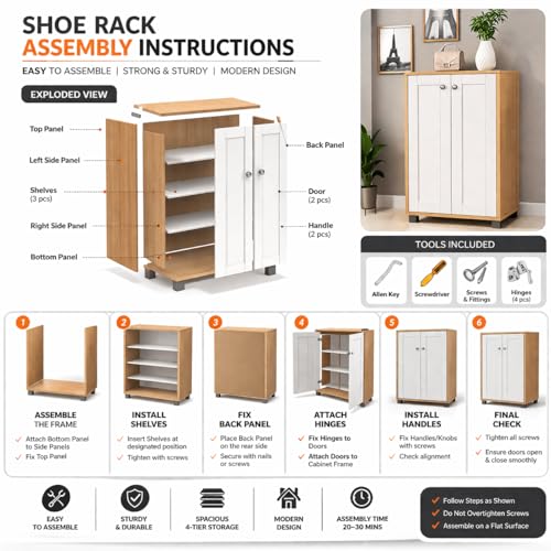 Image of Mevigo Shoe Rack Wooden with Door - 2 Door 4- Tier Engineered Wood Shoe Rack Organizer for Entryway, Hallway & Bedroom, Space Saving Shoe Storage Cabinet -Dark Grey-RB1