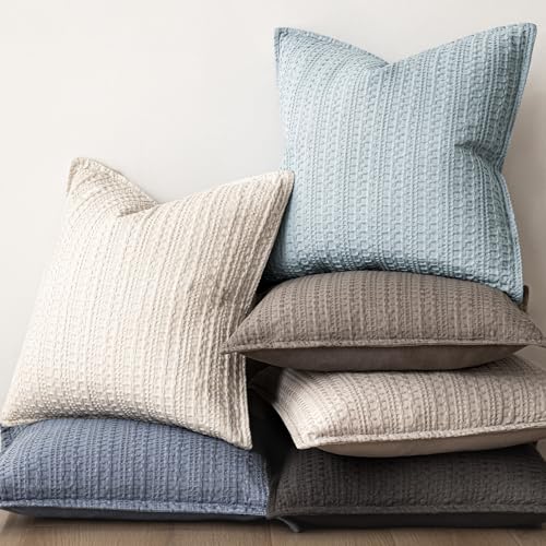Image of Foindtower Set of 2 Decorative Cotton Waffle Weave Lumbar Throw Pillow Cover Euro Sham Cushion Covers Accent European Pillowcase For Bed Couch Sofa Bedroom Living Room Home Decor 12x20 Inch Light Blue