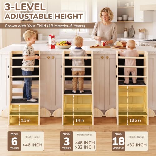 Image of Toddler Tower Kitchen Helper Adjustable Height, Toddler Kitchen Stool with Blackboard, Super Stable Learning Tower with Safety Rails & Soft Non-Slip Pads, Wooden Kids Step Stool(Natural)