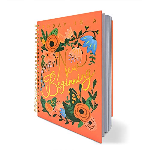 Pink Folk Floral Spiral Notebook Lined Journal, Hardcover with Gold Foil Words, New Beginning, Inspirational Diary Gift for Women, Teen, Girls, Friend, Colleague, School, Office