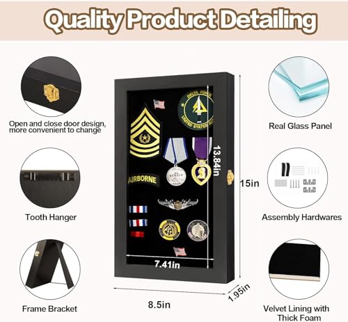 Image of VERANI Pin Display Case Badge Display Frame 8.5 x15 Black for Beach Tags | Flexible layout arrangement,Premium real clear glass door,Wood matte black frame,Wall mountable design