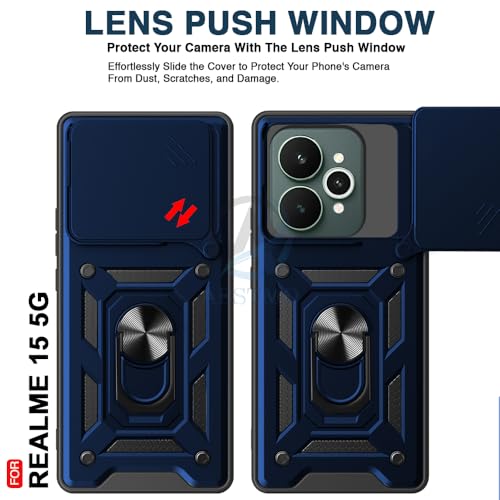 Image of AESTMO Tough Armor Realme 15 5G Bumper Back Case Cover | Ring Holder & Sliding Camera Shield Cover | 360 Degree Protection Back Case Cover for Realme 15 5G (Blue)