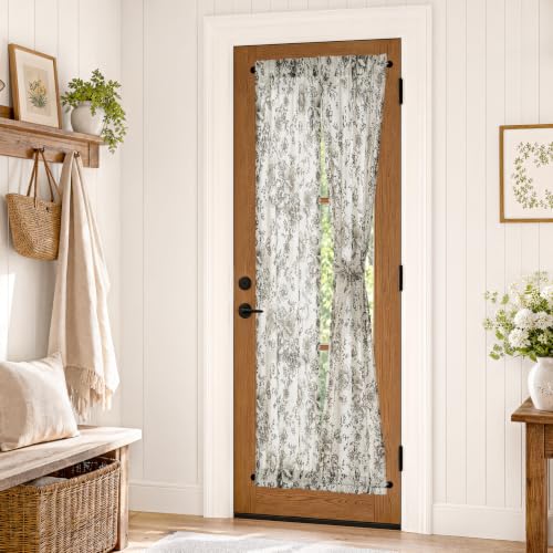 Image of jinchan Floral Sidelight Curtains for Front Door, 26x72, 2 Panels | 25% linen blend, black floral print, light filtering, rod pocket, tiebacks, washable, for front door sidelights