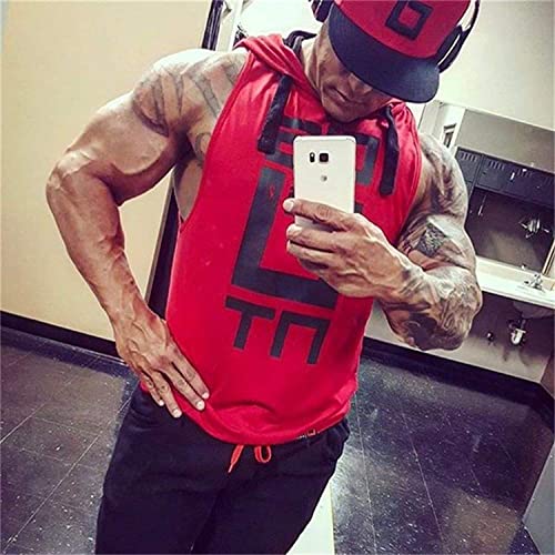 Image of HOT BUTTON Men's Hooded Tank Top | Slim Fit Sleeveless Gym Bodybuilding Stringer | Quick Dry Sports Training Vest Graphic Printed Hoodie for Men