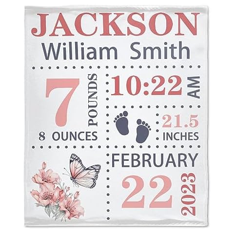 Bhaisajyaguru Personalized Baby Blanket with Birth Information, Customized Butterfly Pattern Name Blanket from Baby's Name Birth Time Date, Gift for New Mom Dad Granddaughter Grandson 50"X40" for Kid Cover