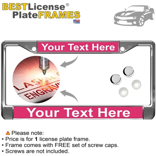 Image of Custom Personalized Chrome-Plated Metal Laser Engraved Standard Size - Car /Automobile License Plate Frame with Free caps - Pink /White Text (Qty: 1 Frame)
