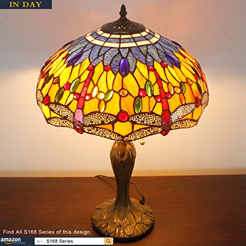 Werfactory Tiffany Style Table Lamp Stained Glass Bedside Lamp Orange Blue Dragonfly 16X16X24 Inches Desk Reading Light Metal Base Decor Bedroom Living Room Home Office S168 Series #TOP2