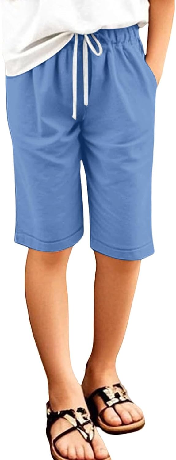 Bermuda Shorts for Girl Knee Length Elastic Waist Loose Casual Summer Linen Shorts Beach Vacation Cute Preppy Clothes