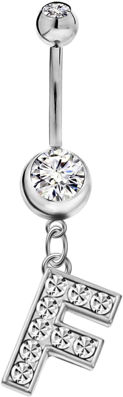 Initial Dangle Belly Button Rings | Embellished with CZ Crystals in Silver Letters A to Z | Ideal for Navel Piercings Belly Bar Piercings
