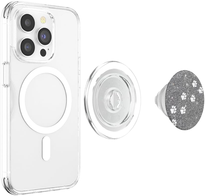Silver, Paw Print Tracks, Dog Cat Mom, White Cute PopSockets PopGrip for MagSafe