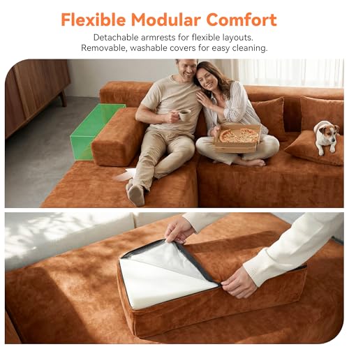 Image of MONVANE 106 inch Cloud Sectional Couch with L-Shaped Chaise, Modular Sectional Sofa with Deep Seat and Removable Armrests, Comfy Chenille Boneless Couches for Living Room, No Assembly Required, Orange