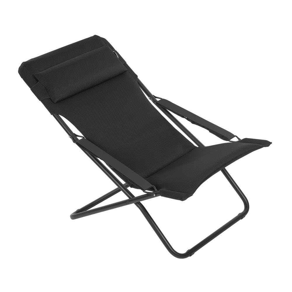 LAFUMA MOBILIER - Bain de Soleil Matelassé Pliant Multiposition TRANSABED -Toile AirComfort® Résistante -Chaise Longue Terrasse, Piscine et Jardin -3 Positions, Tout Confort, Fabriqué en France -ACIER | Fabriqué en FRANCE - Garantie 5 ans - Noir - Assise