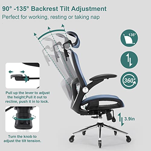 Ergonomic Mesh Office Chair, Home Office Desk Chairs With Adjustable Backrest, High Back Computer Desk Chair With Adjustable Headrest And Flip-Up Arms, Swivel Task Chair (Sapphire Blue) #TOP3