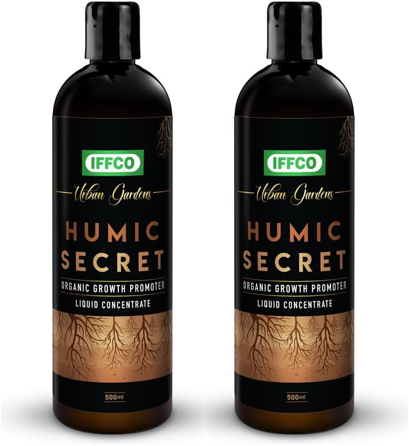 IFFCO Urban Gardens - Humic Secret - 1 Litre - Humic Acid + Fulvic Acid + Bio-Potash - Organic Liquid Fertilizer for Plants, Soil Conditioner & Root Growth Promoter - 100% Water Soluble
