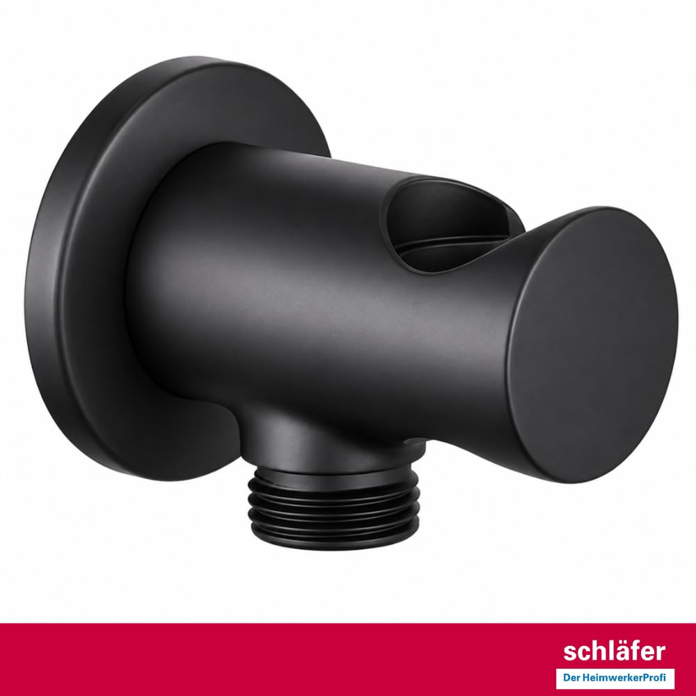 Schläfer 814321 | Presa Acqua Doccia Tonda con supporto per Doccetta Nero Opaco, Uscita Acqua Parete G 1/2" - Ø 20,86 mm, Raccordo Gomito per Flessibile Doccetta in Ottone Design Moderno