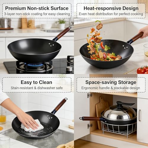 Wok de acero carbono forjado con tapa y mango de madera miniatura 4