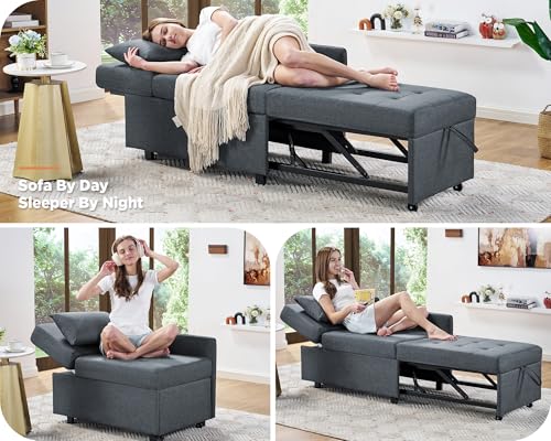 VanAcc 3-in-1 Sleeper Sofa Chair with Adjustable Backrest - Foldable Loveseat for Apartment, Dorm, Office - Linen Grey with Throw Pillows