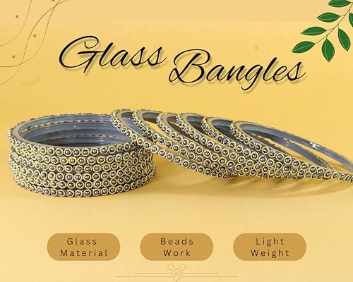 Image of NMII Glass Golden Beads & Pearls Moti Work Designer Bangles Set For Women & Girls | Kanch ki Chudi Set | Girl's Bangles Bracelet | Glass Bangles | Daily, Wedding, Party, Fashion Jewellery- Set of 12
