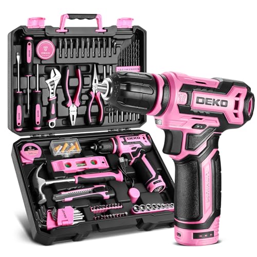 DEKO Caja de Herramientas Completa de 133 Piezas, Rosa – Incluye Taladro Atornillador Eléctrico de 12V, Kit Multiusos de Herramientas Domésticas de Bricolaje para Oficinas y Jardín