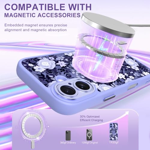 Image of Magnetic for iPhone 17 Case for Women Girls, Purple Floral | Cute Flower Pattern Design [Compatible with MagSafe] [Full Camera Protection] Slim Shockproof Translucent Matte Cover