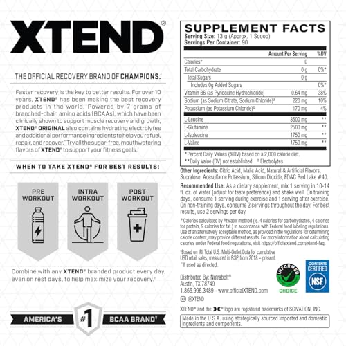 Image of Xtend Original BCAA Powder, 7g BCAAs and 2.5g L-Glutamine for Muscle Recovery Hydration and Lean Muscle, Sugar Free Intra and Post Workout Drink with Electrolytes, Strawberry Kiwi Splash, 90 Servings