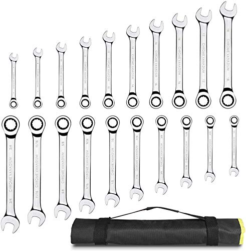 FIXKIT 20 Pièces Jeu de Lot Clés Mixtes , Jeu de Clés à Cliquet 6-18 mm et 1/4 - 3/4, Kit Standard Professionnel SAE et Métrique en Acier CrV Incl. Sac en Toile Portable