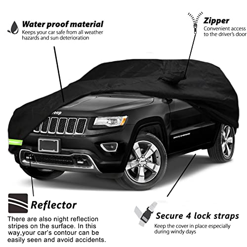 Image of Waterproof Car Covers for 2011-2026 Jeep Grand Cherokee Car Covers 190T Covers Customer Fit 100% Waterproof Windproof Strap & Double Door Zipper Up to 193 inch L (Black-for Jeep Grand Cherokee)
