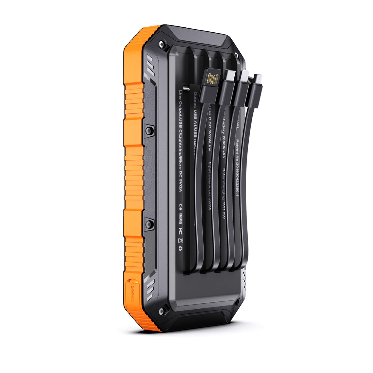 Cargador Solar 20000mAh con 4 Cables Integrados y 3 Puertos USB, Bateria portatil Solar Agua IP67, Carga Rápida QC 3.0, Powerbank Solar para Camping, Senderismo y Viajes