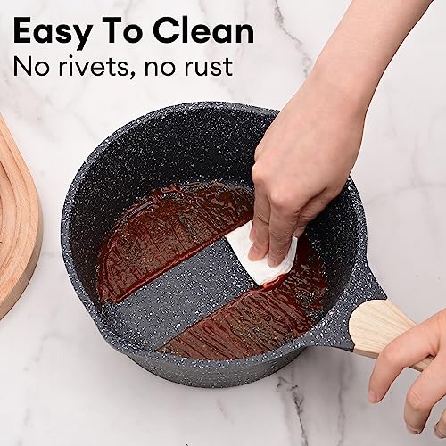 Foto von JEETEE Kochtopf 18 cm, 2L Kochtöpfe mit Deckel, Milchtopf Mit Hitzebeständigem Griff und Ausguss, Granit-Antihaft Topf Induktion, Stielkasserolle Geeignet für alle Herde, Grau