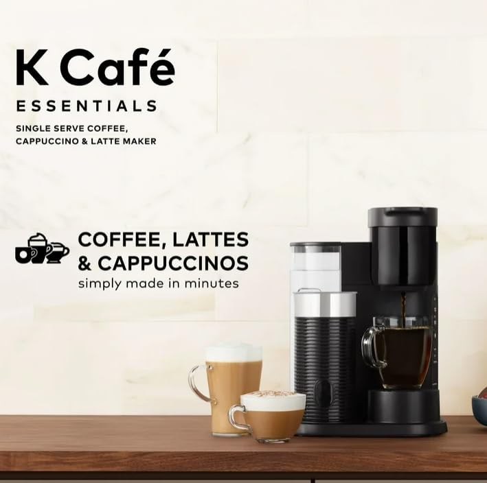 KeuriigK K Cafe Essentials Single Serve K Cup Pod Coffee, Latte and Cappuccino Maker, Built In Milk Frother, Latte & Cappuccino Brewer, Espresso Shot, 3 Brew Sizes, 42 oz Water Reservoir, color Black