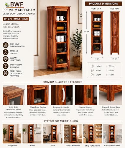Image of BWF Premium Sheesham Glass Door view Display Self | Kitchen Crockery Cabinet | Bookcase | Wooden Almirah for Home, School, Office, Shop, Medical Clinic and Garage | Honey Finish | BP - 07