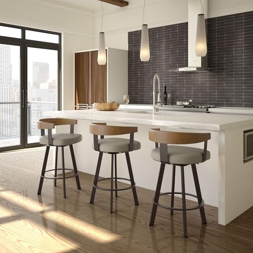 Image of Amisco Lars 30 inch Swivel Bar Height Barstool, Upholstered Stool with Solid Wood Back and Arms for Kitchen Island or Bar, Drees Stool, Greige Faux Leather /Light Brown Wood /Dark Brown Metal