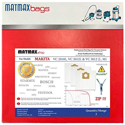 Reusable* Zip, Self-Cleaning Fabric Filter Bags for MAKITA VC 2010 L, VC 2012 L - More Efficient Replacement