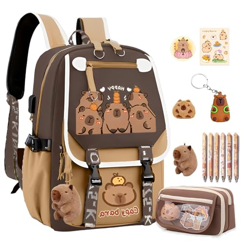 SJIE Mochila capivara impermeável, bolsa de capivara Kawaii de grande capacidade com 11 acessórios, Capivara Happy Brown, Large