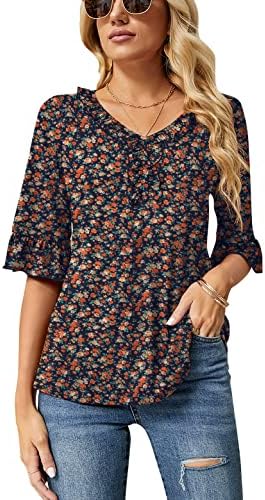 Ivicoer Women's Casual 3/4 Tiered Bell Sleeve V Neck Loose Floral Print Tops Blouses Shirt Navy XXL