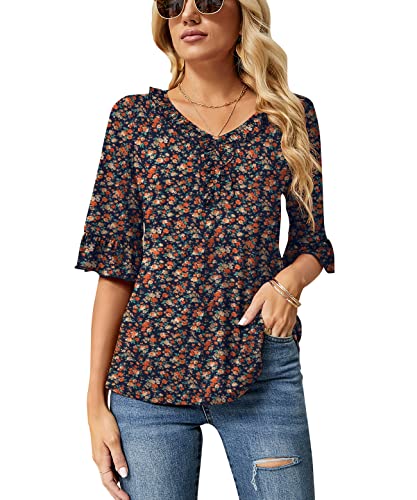 Ivicoer Women's Casual 3/4 Tiered Bell Sleeve V Neck Loose Floral Print Tops Blouses Shirt Navy Xxl #TOP2