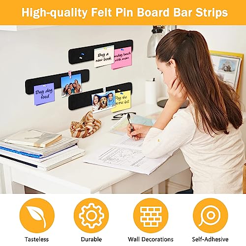 8Pcs Felt Pin Board Bar Strips Bulletin Board with 50 Pushpins & 20 Pushpins Clip,Self-Adhesive Lightweight Bulletin Board Bar Strips No Damage for Wall, for Paste Notes, Photos, Schedules（Black） - Thumbnail 4