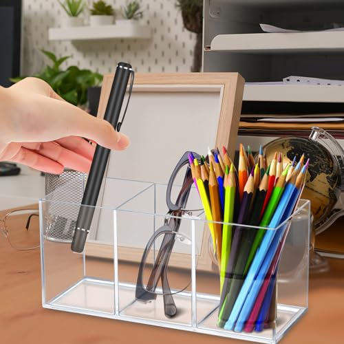 BangBoom 2 Pack Clear Makeup Brush Holder, 3 Compartment Plastic Pen Organizer, Acrylic Silverware Caddy for Storage Desk Vanity Pencil Utensil Marker Cutlery (Clear) by BangBoom - Image 6