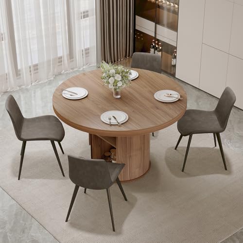 Image of HIPIHOM 5-Piece Dining Set for Small Spaces 43.3 inch Round Table & 4 PU Leather Chairs, Modern Farmhouse with Storage Shelf, Apartment Kitchen Easy Assembly (Walnut Color Table + 4 Modern GreyChairs)